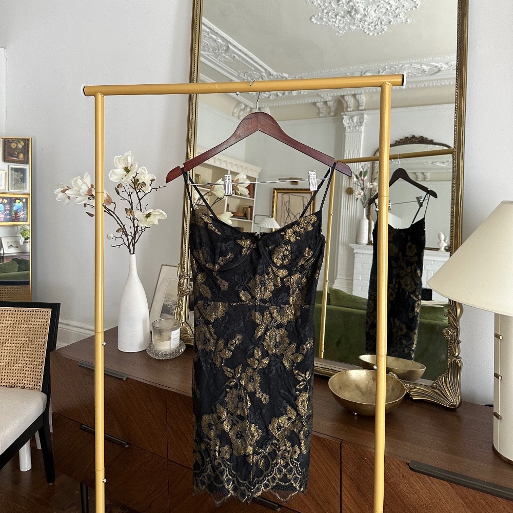 S For Love & Lemons Gold and Black Mini Dress with Lace Detail